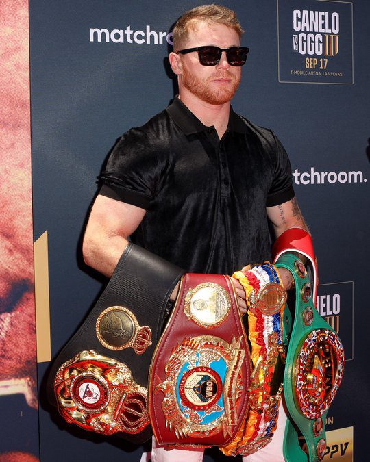 Canelo Alvarez undisputed Super Middleweight Champion and his boxing belts